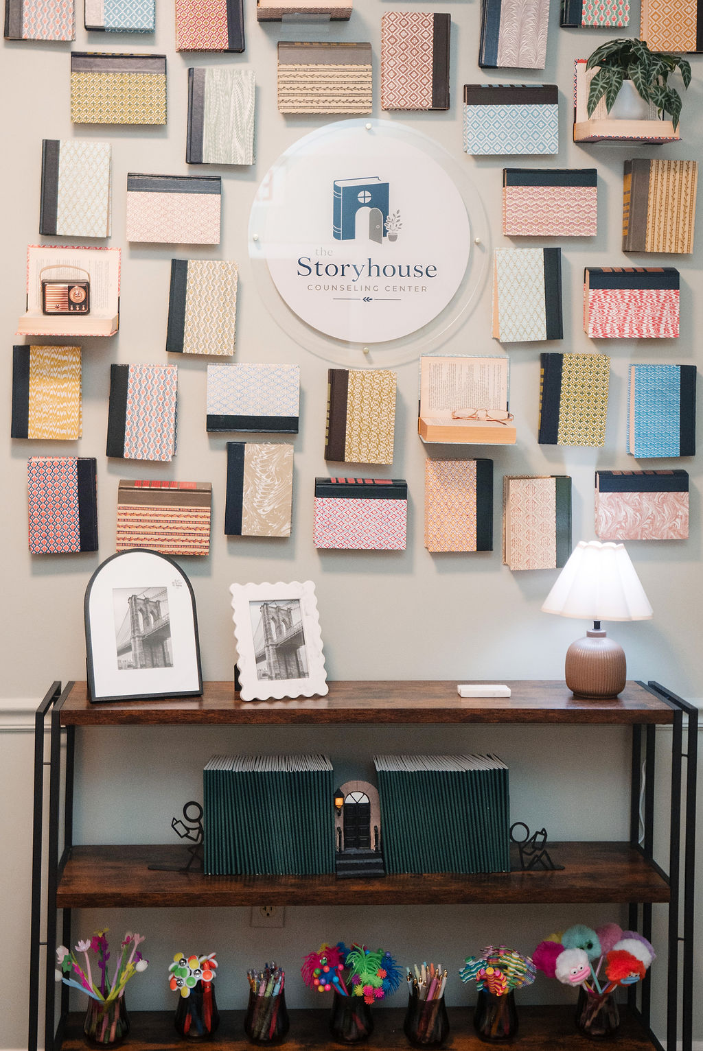 The Storyhouse Counseling Center logo display shelf at the entrance